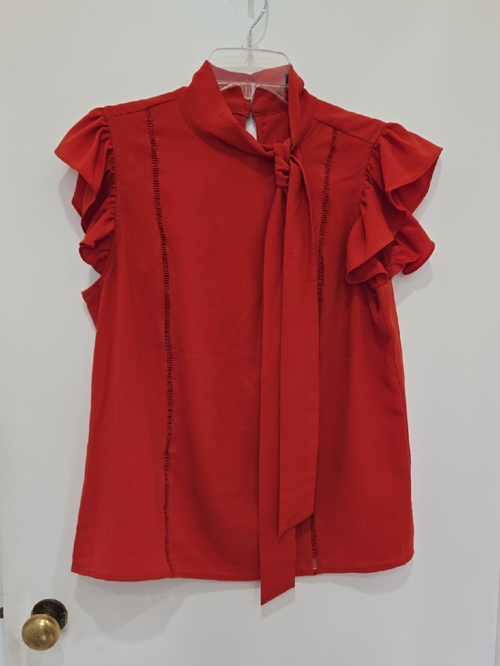 Rust Orange Tie-Neck Ruffle Cap Sleeve Women's Top